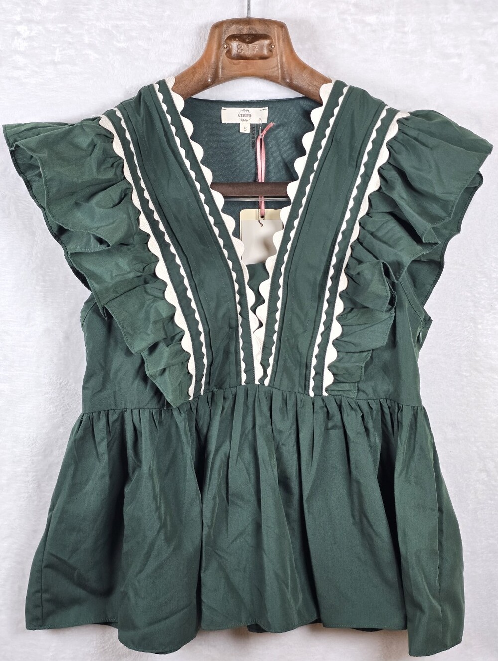 Entro Green Ric Rac Ruffle V Neck Babydoll Blouse Top Sz.S Pemplum Cottagecore - Picture 3 of 13